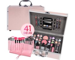 Roze Make Up Koffer Meisjes Met Inhoud 41-Delig - Set Inclusief Premium Roze Kwasten & Reis Etui - Make Up Koffer Kinderen - Make Up Koffer Gevuld - Cosmetica Koffer - Roze Beautycase Meisjes — cadeau in Verzorging