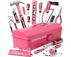 30-delige roze gereedschapsset met metalen kist: toolset met hamer, schroevendraaiers, tang, sleutel, zaag & meer voor thuisreparaties — cadeau in Tuin & Klussen