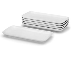 Set van 6 kleine serveerschaaltjes, keramische rechthoekige borden van 23 cm, modern sushi-bordenset, witte serveerschalen voor het serveren van eten, hapjes, nagerechten, diners en feestjes — cadeau in Koken & Dineren