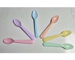 6 kunststof lepels - lepeltjes lentetinten - 6x eierlepel pastel zomer kleuren - geel blauw roze groen lila pastel en zalmroze - paplepels - lepels klein - eerste hapje — cadeau in Cadeau-ideeën