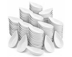 Witte kunststof gebaksborden 60 delige set – druppelvormige plastic dessertbakjes en serveerschalen – kleine bordjes voor gebak, sushi, saus, fruit, kaviaar en hapjes – feest en buffet — cadeau in Cadeau-ideeën
