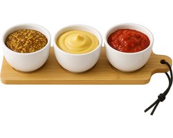 Lomera Tapas Serveerset - Bamboe Serveerplank - 4-delig - Bamboe Dienblad - Keramische Kommetjes - Tapas Schaaltjes - Hapjes Serveren - Aperitiefhapjes - Informele Borrels - Chique Diners - Dipsausjes - Olijven en Nootjes - Kleine Hapjes — cadeau in Kookcadeaus