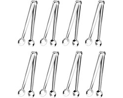 Set van 8 roestvrijstalen serveertangen – kleine metalen keukentangen (zilverkleurig) met open grijpvlakken; geschikt voor hapjes, desserts, saladebars, ijsblokjes, suikerklontjes en vleeswaren — cadeau in Koken & Dineren