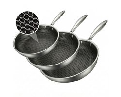 Koekenpannenset 3delig Ø 20, 24, 28 cm - PFAS Vrij & PTFE Vrij - RVS Honingraat - Inductie, Elektrisch, Keramisch & Gas - Hexagon Anti Aanbak Pan Krasvrij - Koudgrepen - Oven tot 280°C - Duurzame Keramische Coating - Keukengerei - Koken - Löwenthal — cadeau in Koken & Dineren