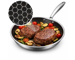 Koekenpan Ø 24 cm - PFAS Vrij & PTFE Vrij - RVS Honingraat Hybride Pan - Geschikt voor Inductie, Elektrisch, Keramisch & Gas - Hexagon Anti Aanbak Pan - Krasbestendig - Oven tot 280°C - Duurzame Keramische Coating - Keukengerei - Koken - Löwenthal — cadeau in Koken & Dineren