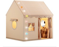 Mogi Products Kinderspeeltent Huisje - Luxe Speelhuis voor Binnen - Inclusief Sfeerverlichting & Gordijntjes - Beige / Geruit — cadeau in Spellen & Speelgoed
