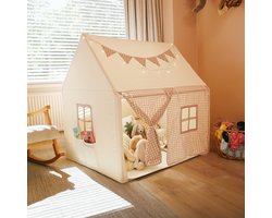 NOVOB® Speeltent - Kinder tent Jongens & Meisjes - Speelhuis voor Binnen - Kinderspeelgoed 3 t/m 8 jaar- Incl. Zachte Mat met Verlichting, 2 Vlaggetjes & Opbergvakken - Beige/Bruin — cadeau in Spellen & Speelgoed