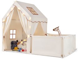 COSTWAY 2-in-1 kindertent met looprek, kinderspeelhuis voor binnen met mat & lichtketting, grote kinderspeeltent, speelgebied 177 x 97 x 136 cm, tent kinderkamer voor jongens en meisjes (beige) — cadeau in Spellen & Speelgoed