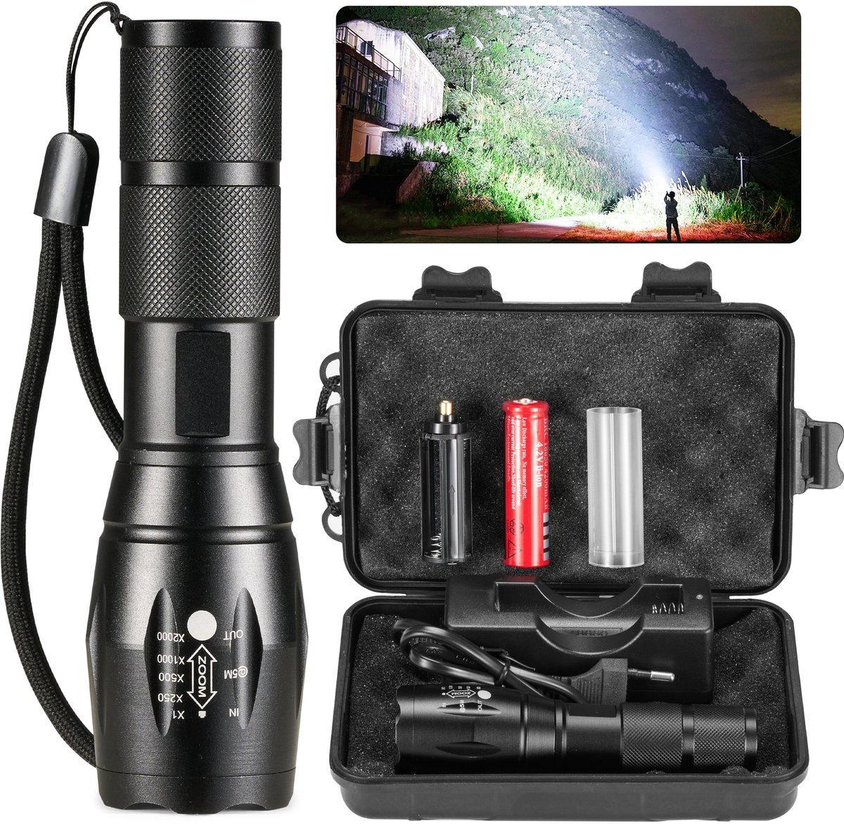 Militaire Zaklamp LED Oplaadbaar - Inclusief Batterij en Oplader – Waterbestendige Zaklantaarn