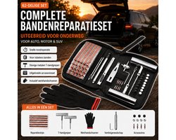 Bandenreparatieset Auto 62-delig – Uitgebreide Proppenset voor Tubeless Banden – Met Metalen T-grepen, Bandenspanningsmeter, Ventielgereedschap, Werkhandschoenen en Opbergtas — cadeau in Cadeau-ideeën