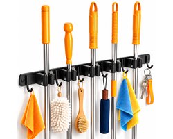 BOTC Bezemhouder - Bezem Ophangsysteem Tuingereedschap - 5 Houders 6 Haken - 304 RVS - Gereedschapshouder - 3M Tape - Zwart — cadeau in Cadeau-ideeën